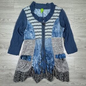 Adam‎ Jacobs Women's Tunic Top Blue Marble Stripe Mixed Media XS 3/4 Sleeve